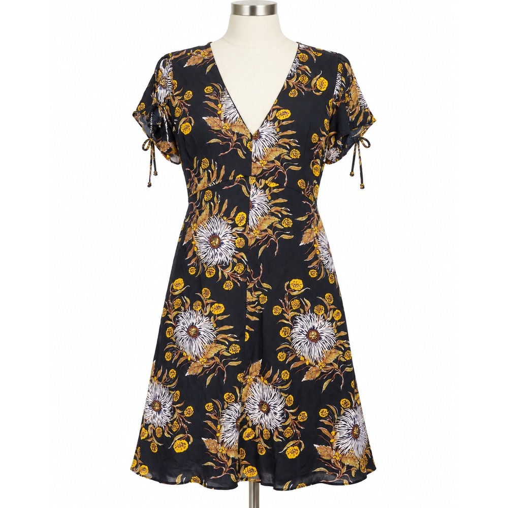 Madewell Size 8 Black Floral Midi Dress V Neck Tie Sleeve Open Back Boho
